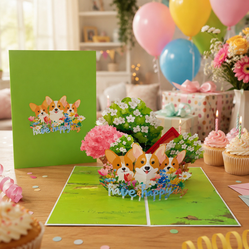 Card de felicitare 3D pop-up cu Corgi și buchet de flori realizat manual