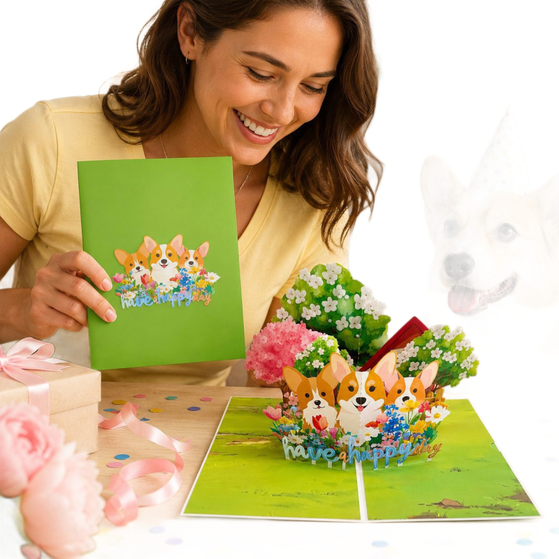 Card de felicitare 3D pop-up cu Corgi și buchet de flori realizat manual