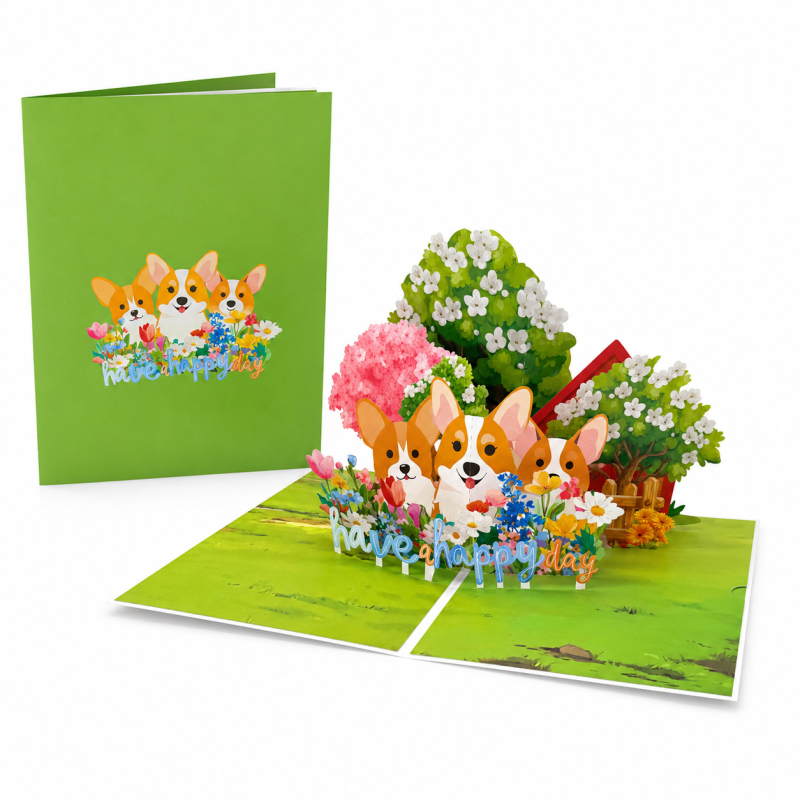 Card de felicitare 3D pop-up cu Corgi și buchet de flori realizat manual