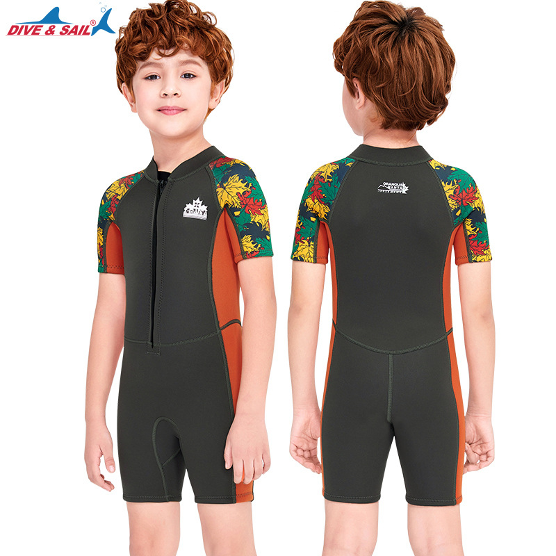 DIVE&SAIL Costum de neopren pentru copii, 2.5 mm, mâneci scurte, costum întreg, pentru scufundări, înot și snorkel