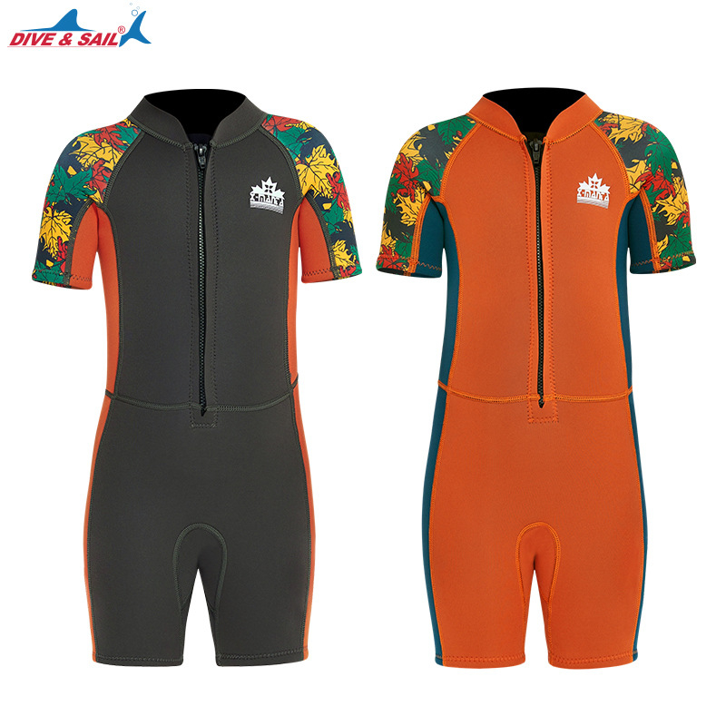 DIVE&SAIL Costum de neopren pentru copii, 2.5 mm, mâneci scurte, costum întreg, pentru scufundări, înot și snorkel