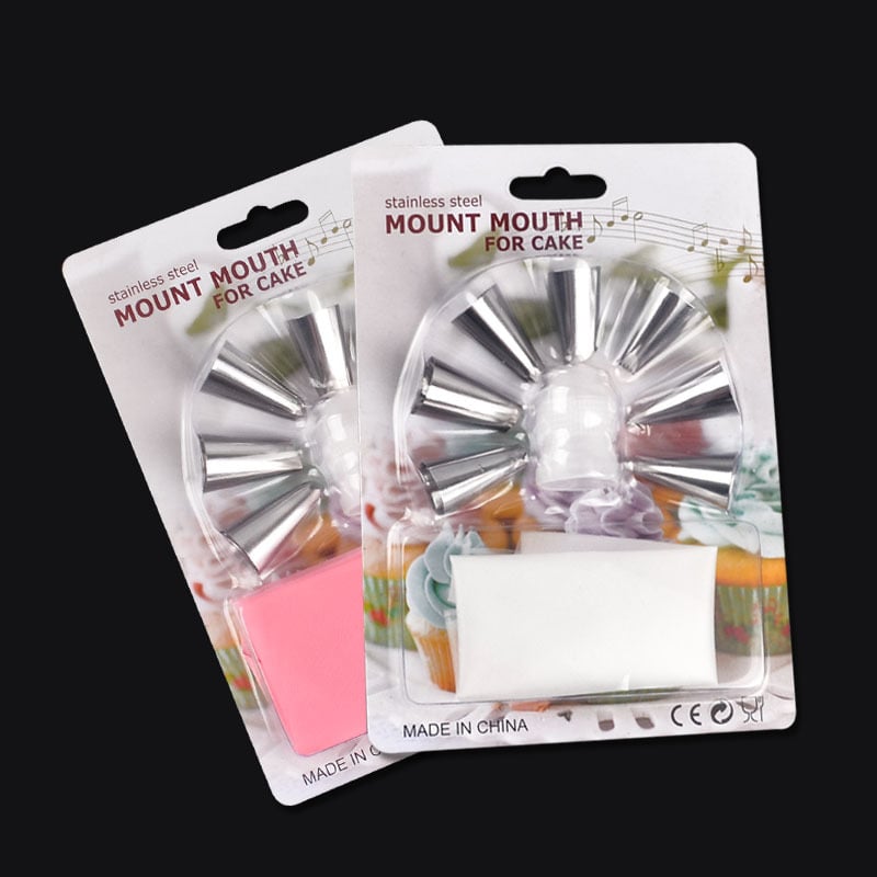 Set de duze din oțel inoxidabil, 9 piese, pentru decorarea torturilor, creme și fursecuri, cu pungă de decorare