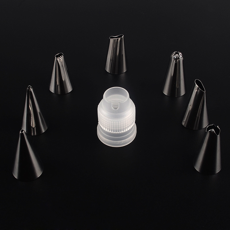 Set de duze din oțel inoxidabil, 9 piese, pentru decorarea torturilor, creme și fursecuri, cu pungă de decorare
