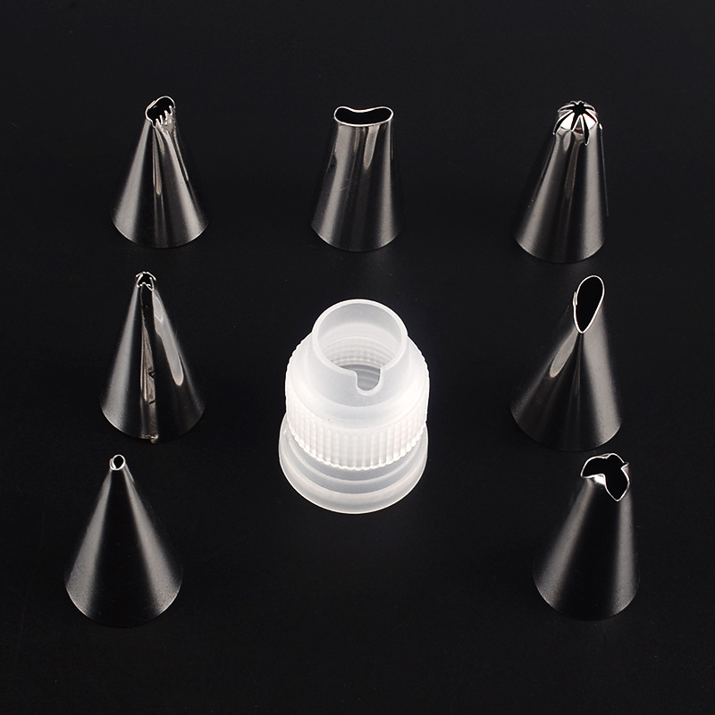 Set de duze din oțel inoxidabil, 9 piese, pentru decorarea torturilor, creme și fursecuri, cu pungă de decorare