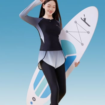Costum de baie femei două părți cu mâneci lungi și pantaloni lungi, protecție UV, design conservator, pentru surf și snorkeling