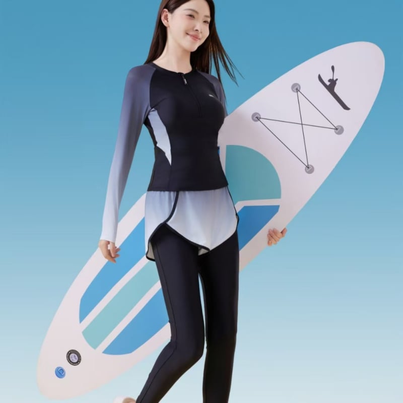 Costum de baie femei două părți cu mâneci lungi și pantaloni lungi, protecție UV, design conservator, pentru surf și snorkeling
