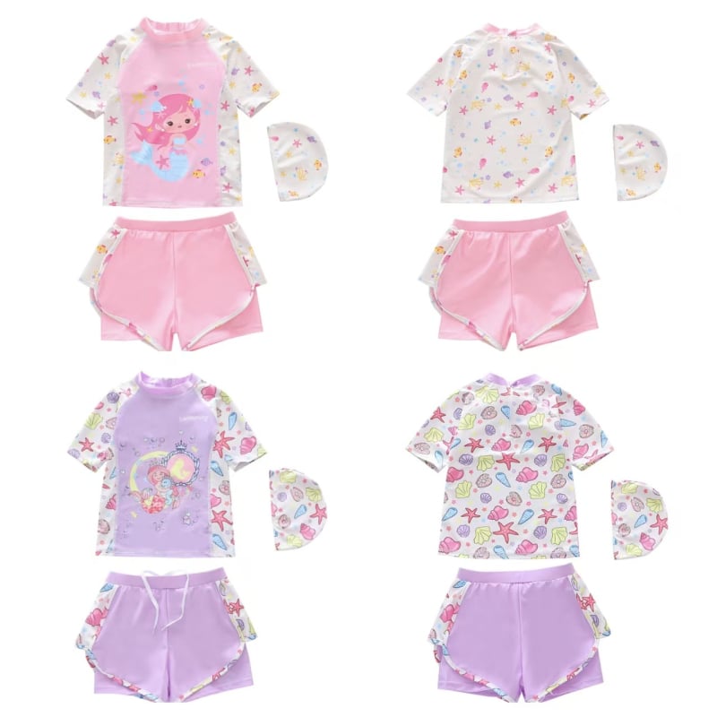 2026 Costum de baie pentru copii, două piese, mâneci scurte și șort, sirenă desen animat