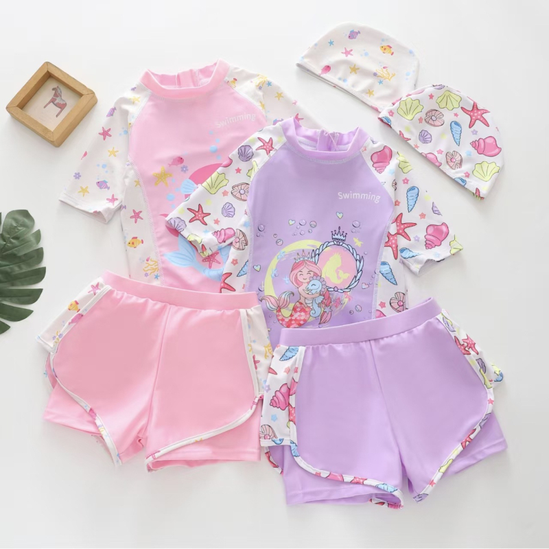 2026 Costum de baie pentru copii, două piese, mâneci scurte și șort, sirenă desen animat
