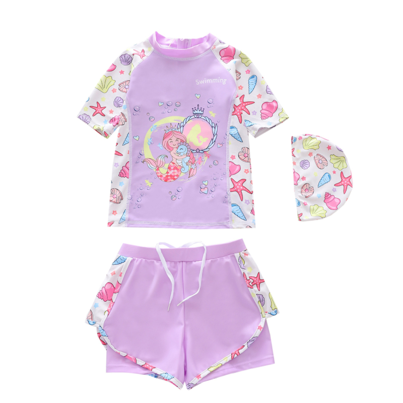 2026 Costum de baie pentru copii, două piese, mâneci scurte și șort, sirenă desen animat