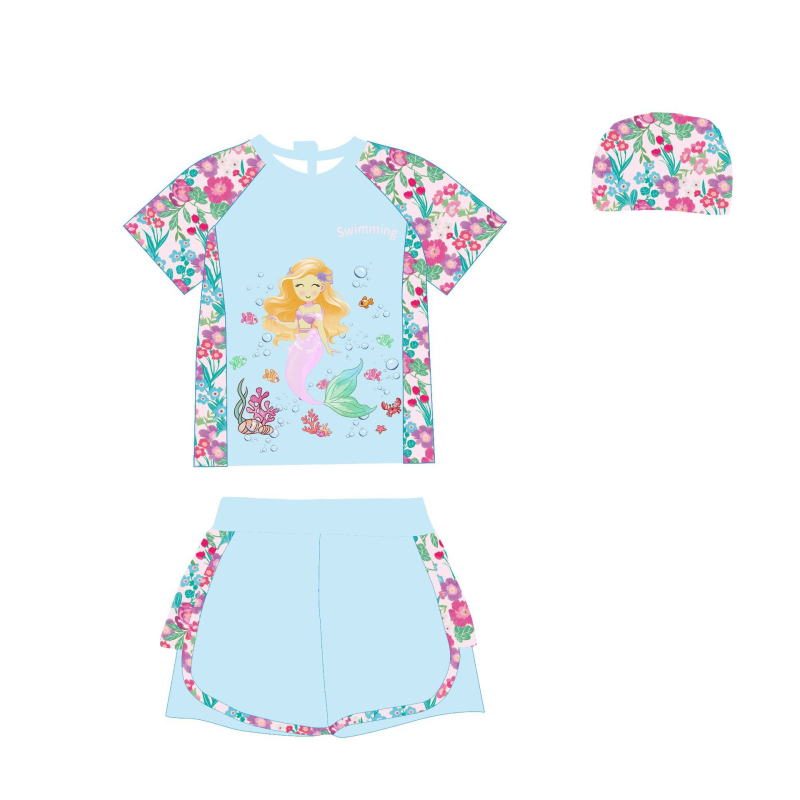 2026 Costum de baie pentru copii, două piese, mâneci scurte și șort, sirenă desen animat