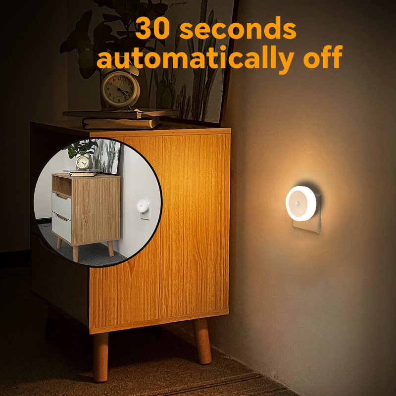 Lampă de noapte rotundă, cu senzor de mișcare, aprinde la detectarea prezenței, alimentare prin priză cu doi pini