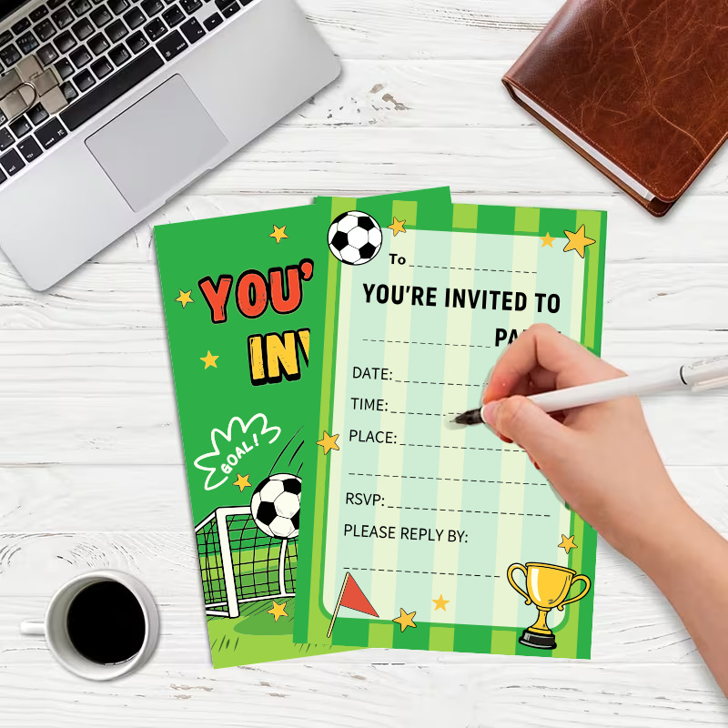 20 de carduri verzi de invitație cu temă fotbal pentru petreceri, zile de naștere și evenimente sportive