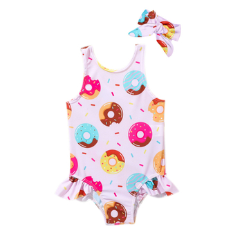 Costum de baie întreg pentru fete 0–2 ani, cu imprimeu donut și volane, bentiță pentru păr