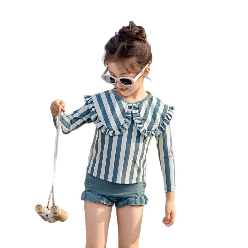 2026 Costum de baie pentru fetițe, două piese, pentru copii mici, cu guler cu volane în stil desen animat