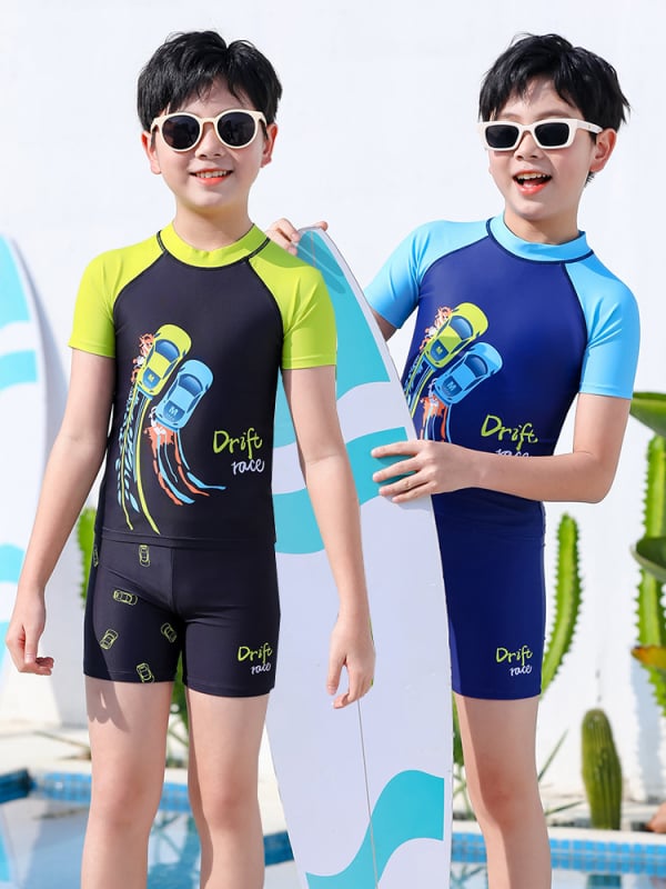 Nabemei costum de baie pentru copii - două piese, mâneci scurte, protecție UV, model desene animate, poliester-elastan, pentru 4-12 ani