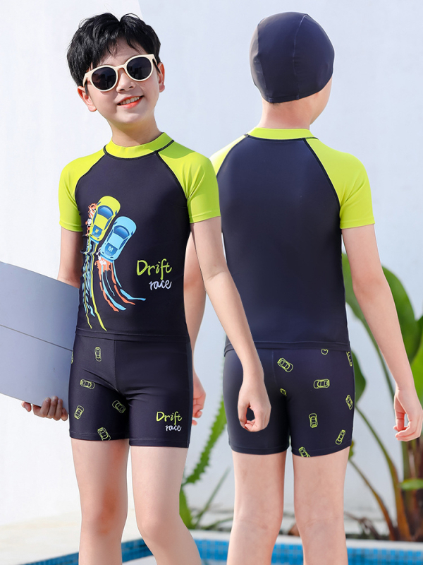 Nabemei costum de baie pentru copii - două piese, mâneci scurte, protecție UV, model desene animate, poliester-elastan, pentru 4-12 ani