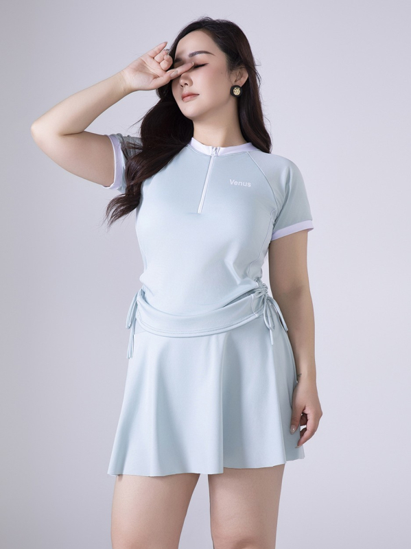 Costum de baie pentru femei mărime mare, două piese cu fustă, mâneci scurte, acoperire a abdomenului, design slim, ediția 2025, costum de baie pentru ape termale