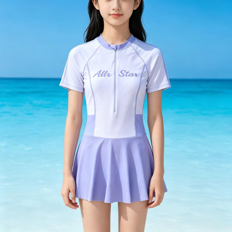 Costum de baie pentru fete, cu fustă, design modest, uscare rapidă, sportiv, poliester cu mare elasticitate, pentru plajă și piscină