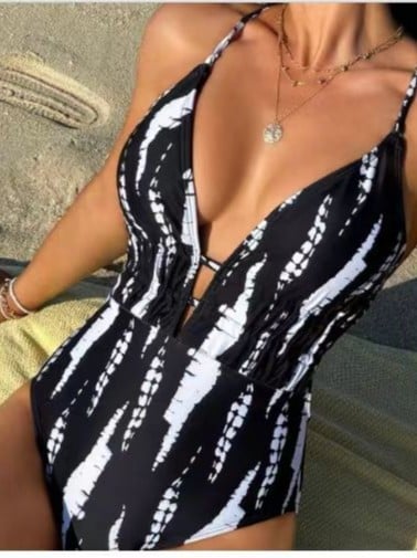 Costum de baie întreg pentru femei, 2025 nou model european-american, spate deschis, decolteu în V cu șnururi, dungi, plajă