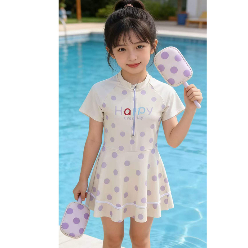 Costum de baie întreg pentru copii, cu fustă cu buline, uscare rapidă, pentru fete 6-10 ani
