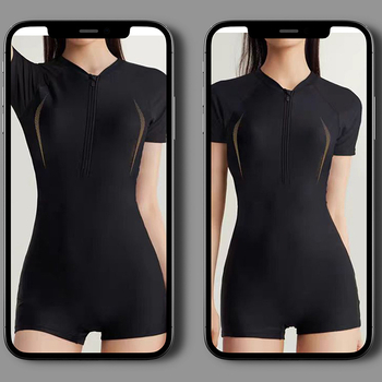 Costum de baie întreg pentru femei, mâneci scurte, fermoar în față, siluetă slim, design conservator, pentru plajă, băi termale și vacanțe.