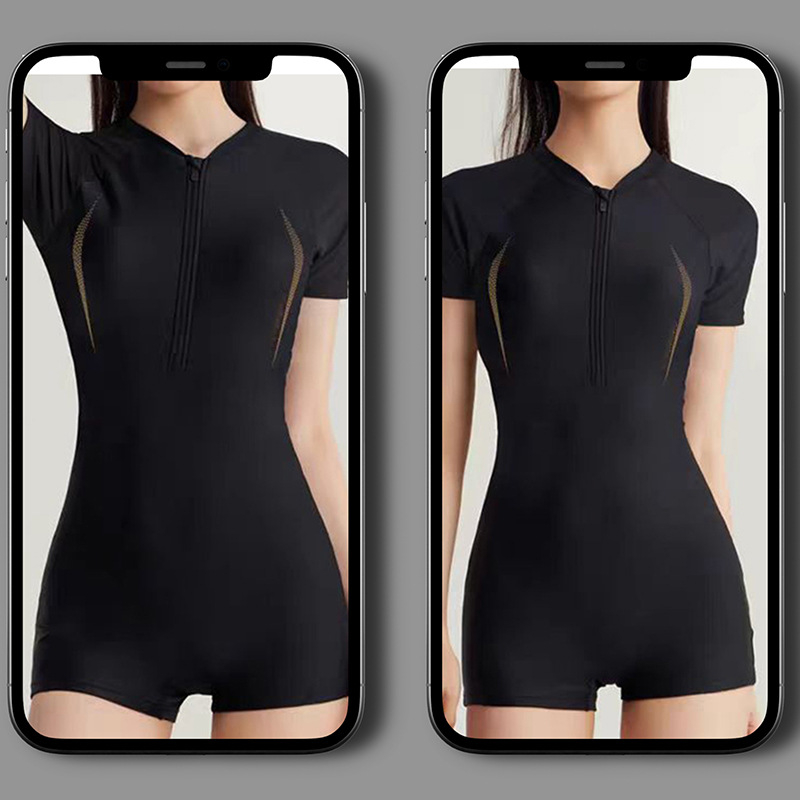 Costum de baie întreg pentru femei, mâneci scurte, fermoar în față, siluetă slim, design conservator, pentru plajă, băi termale și vacanțe.