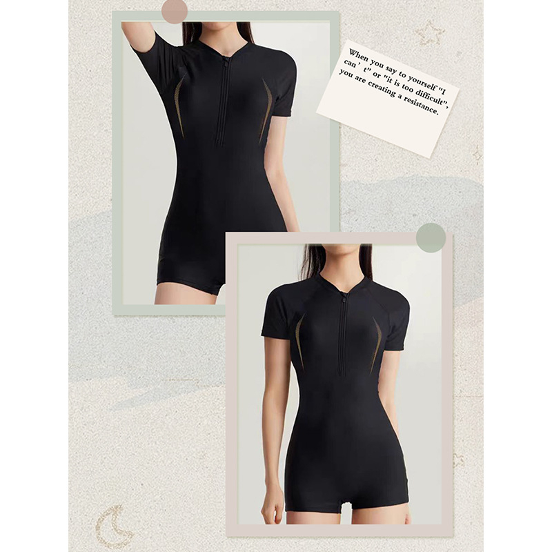 Costum de baie întreg pentru femei, mâneci scurte, fermoar în față, siluetă slim, design conservator, pentru plajă, băi termale și vacanțe.