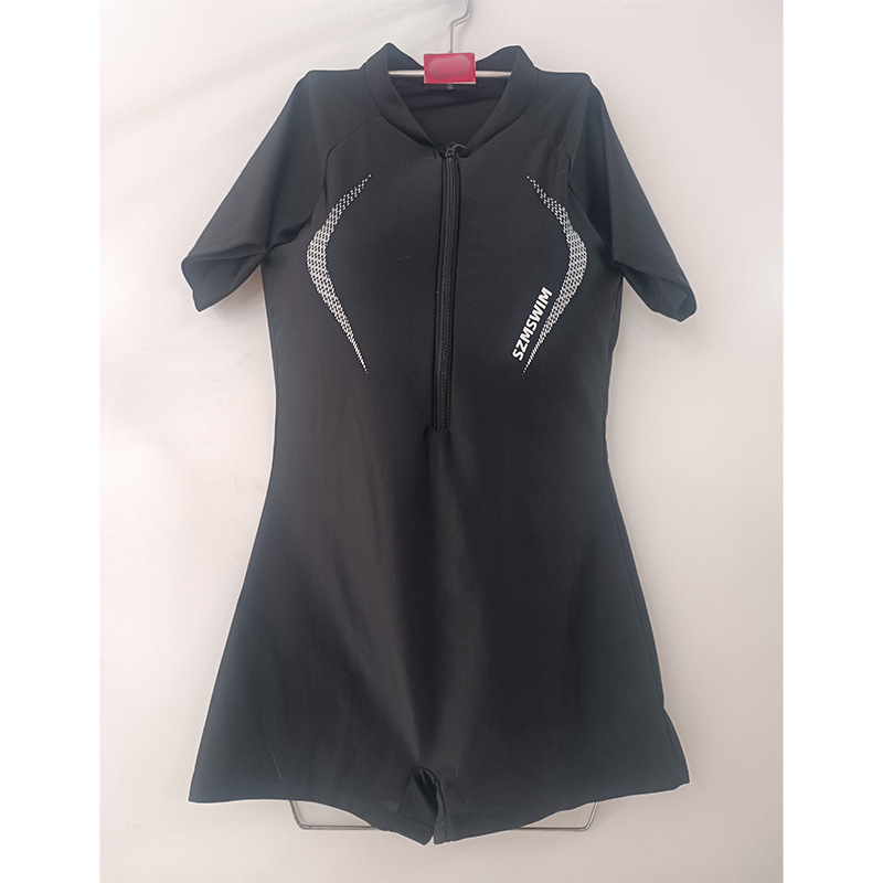 Costum de baie întreg pentru femei, mâneci scurte, fermoar în față, siluetă slim, design conservator, pentru plajă, băi termale și vacanțe.