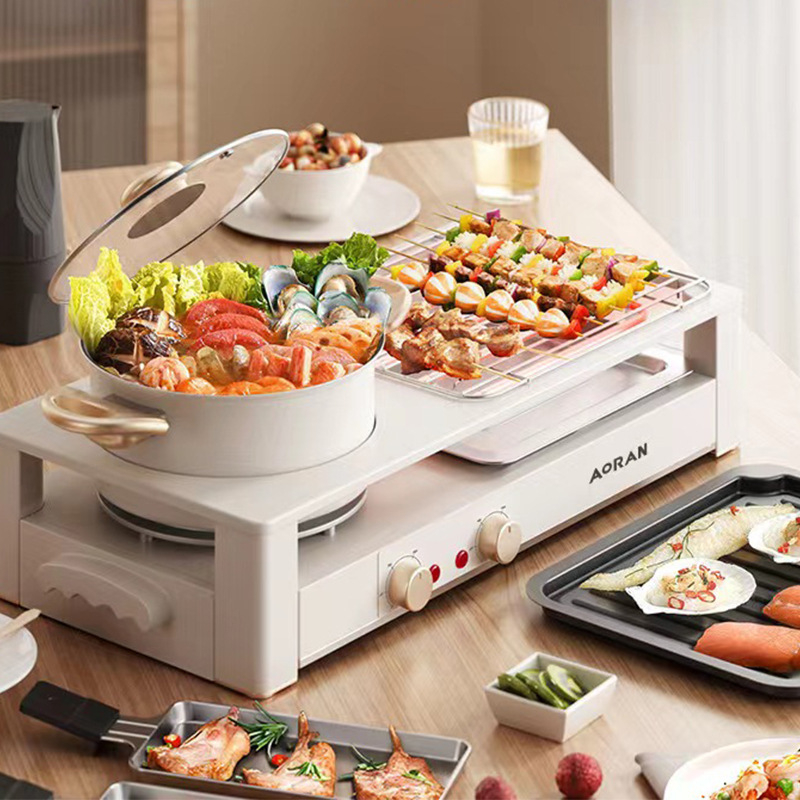 Oală electrică multifuncțională în stil coreean, hot pot și grill într-un singur aparat, plită barbecue fără fum pentru interior