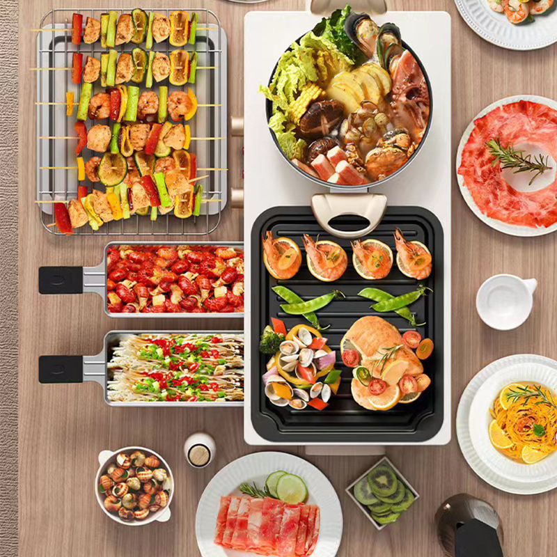 Oală electrică multifuncțională în stil coreean, hot pot și grill într-un singur aparat, plită barbecue fără fum pentru interior
