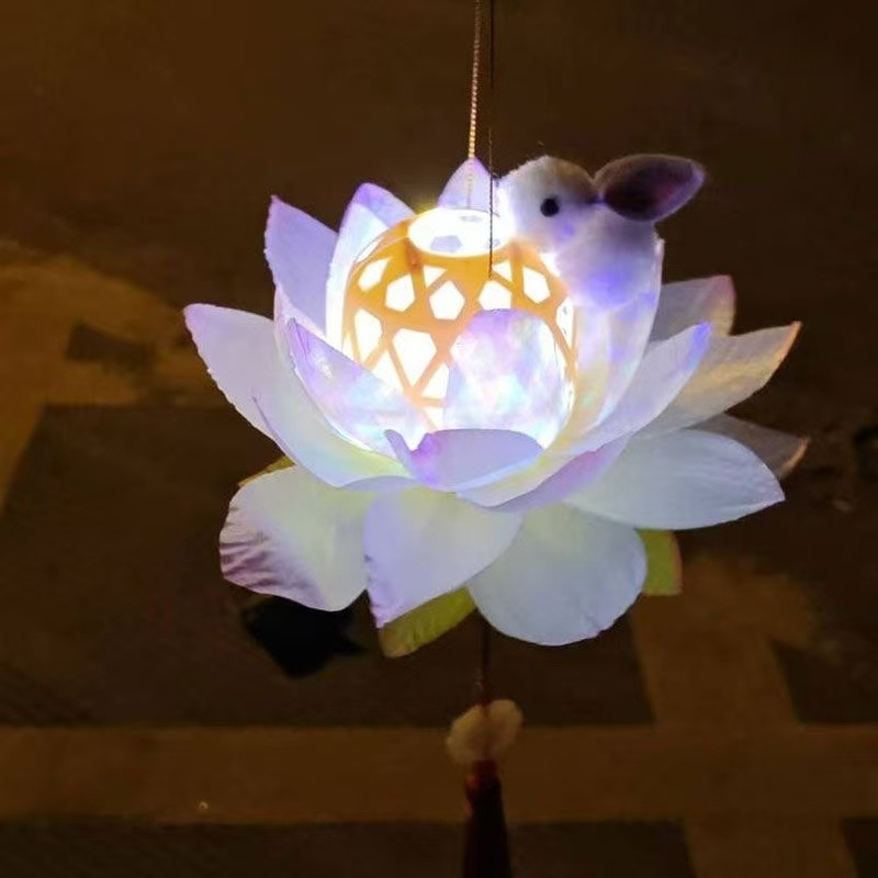 Felinar strălucitor de lotus cu iepuraș - portabil, împletit din bambus, stil chinezesc antic