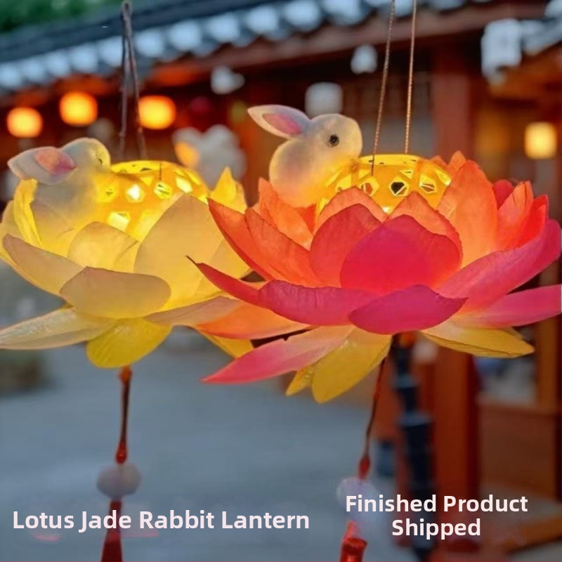 Svietiaca lampa Lotus Rabbit - prenosný bambusom tkaný lotosový kvet, starožitný čínsky štýl