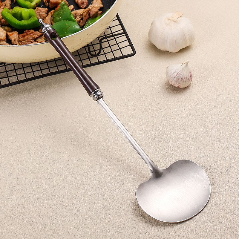 Spatulă din oțel inoxidabil cu mâner din lemn, pentru bucătărie, lungă, lingură de prăjit și spatulă pentru ciuperci