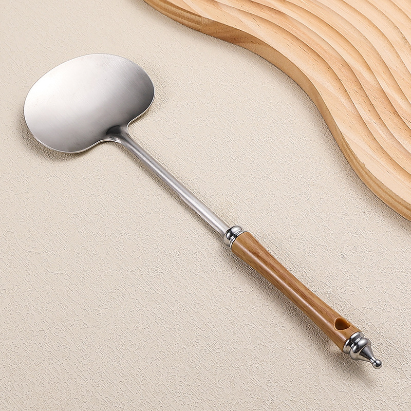 Spatulă din oțel inoxidabil cu mâner din lemn, pentru bucătărie, lungă, lingură de prăjit și spatulă pentru ciuperci