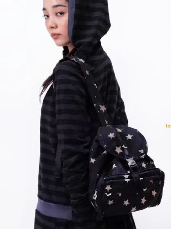 Rucsac unisex în stil japonez Shalom, cu model cu buline și stele, tip bucket, din pânză și bumbac