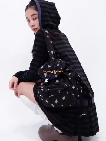 Rucsac unisex în stil japonez Shalom, cu model cu buline și stele, tip bucket, din pânză și bumbac