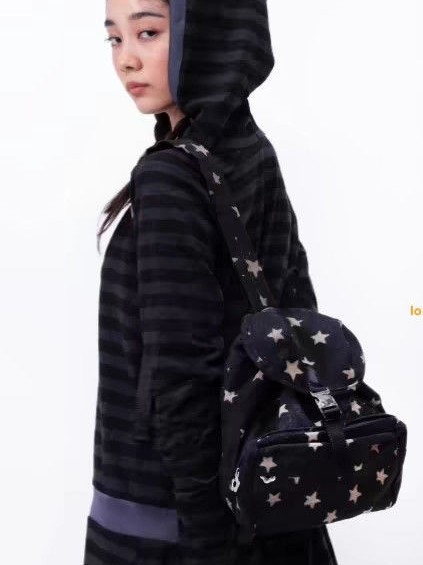 Rucsac unisex în stil japonez Shalom, cu model cu buline și stele, tip bucket, din pânză și bumbac