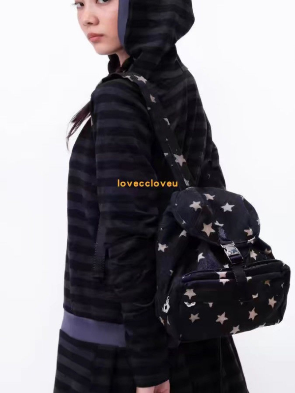 Rucsac unisex în stil japonez Shalom, cu model cu buline și stele, tip bucket, din pânză și bumbac