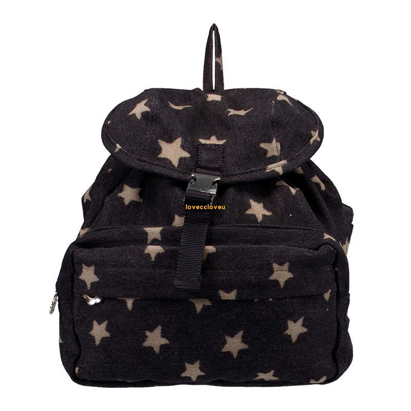 Rucsac unisex în stil japonez Shalom, cu model cu buline și stele, tip bucket, din pânză și bumbac