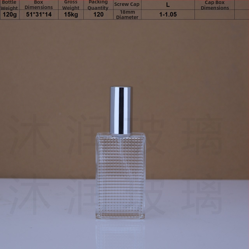 Sklenená fľaštička na parfum so závitovým hrdlom 18 mm na sklade, 50 ml a 80 ml, textúrovaný vzor, priehľadná prázdna fľaštička