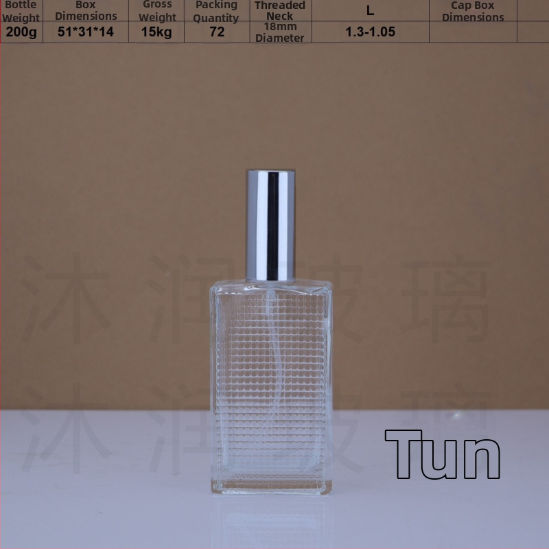 Sklenená fľaštička na parfum so závitovým hrdlom 18 mm na sklade, 50 ml a 80 ml, textúrovaný vzor, priehľadná prázdna fľaštička