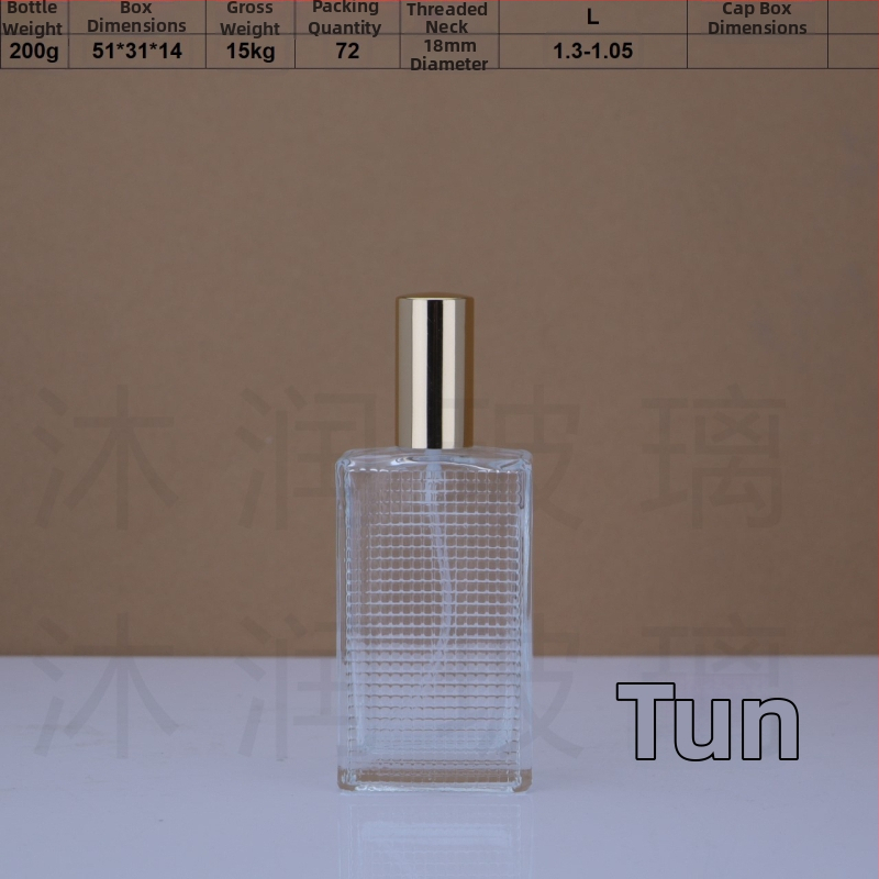 Sklenená fľaštička na parfum so závitovým hrdlom 18 mm na sklade, 50 ml a 80 ml, textúrovaný vzor, priehľadná prázdna fľaštička