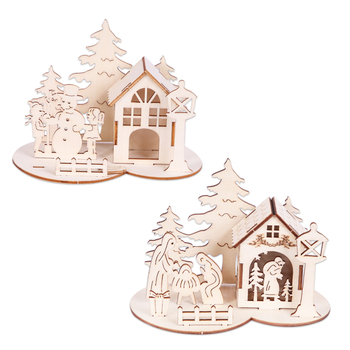 Puzzle 3D din lemn nordic cu brad și cabană - ornament de birou de Crăciun