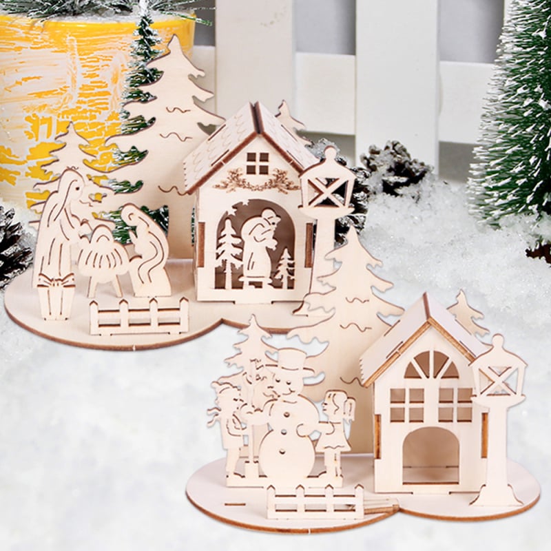 Puzzle 3D din lemn nordic cu brad și cabană - ornament de birou de Crăciun