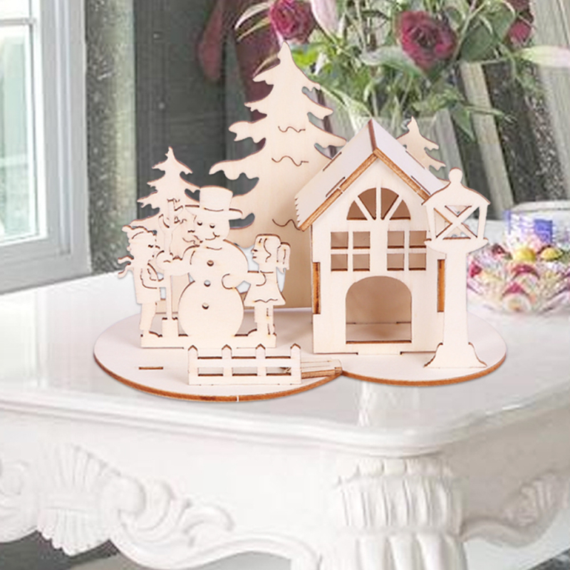 Puzzle 3D din lemn nordic cu brad și cabană - ornament de birou de Crăciun