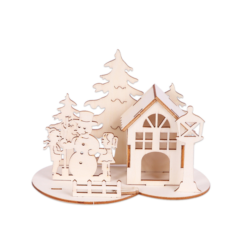 Puzzle 3D din lemn nordic cu brad și cabană - ornament de birou de Crăciun