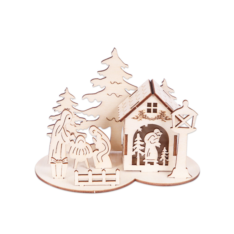 Puzzle 3D din lemn nordic cu brad și cabană - ornament de birou de Crăciun