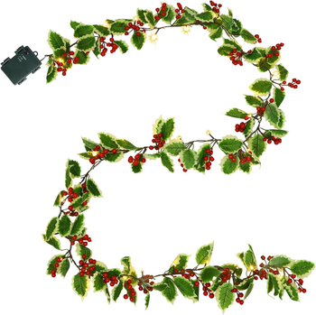 Set de ornamente de Crăciun din ratan cu LED, fructe roșii și frunze decorative, 5 piese