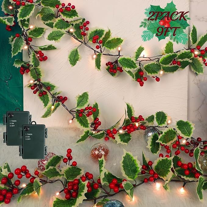Set de ornamente de Crăciun din ratan cu LED, fructe roșii și frunze decorative, 5 piese