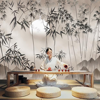Tablou mural clasic în cerneală chineză cu bambus, din mătase, pentru spațiu Zen ceainărie și birou — acoperire de perete din mătase, trei straturi, stil retro
